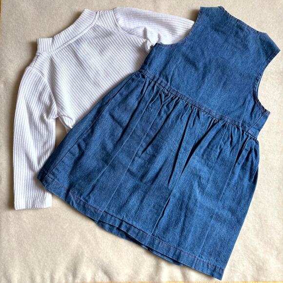 Vintage 90s Piano Kids Fashion Jumper Dress & Shirt Set Girls 6 Denim Farm Patch - Picture 3 of 6